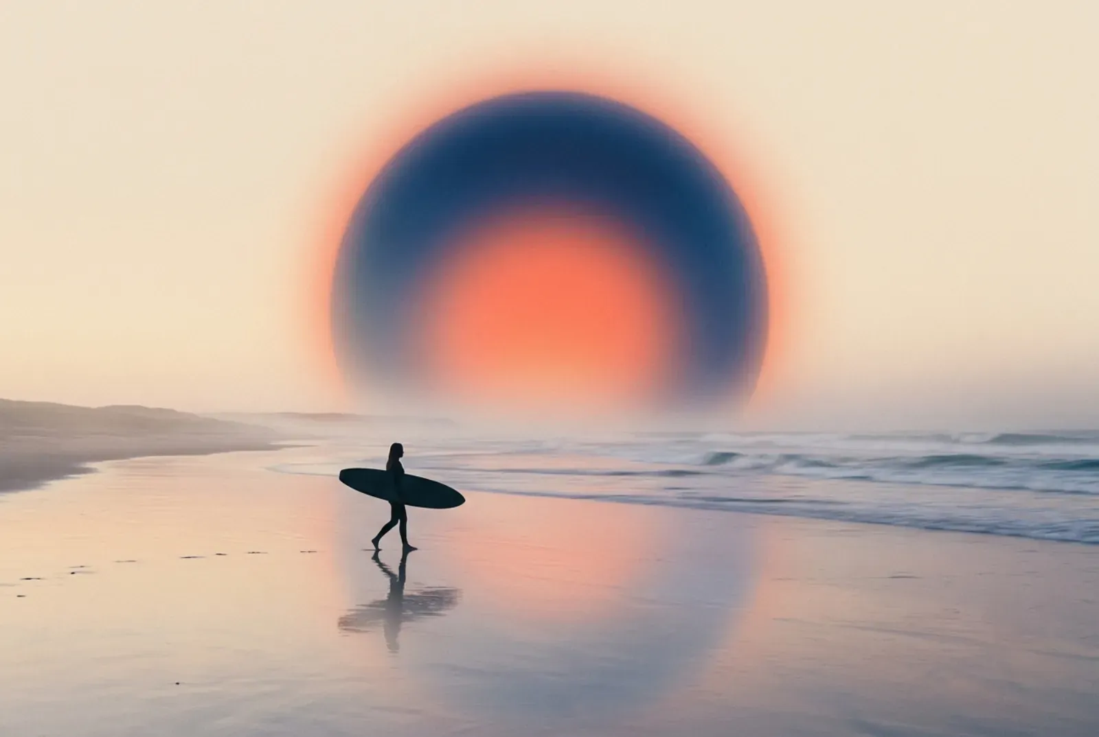 Editorial illustration of a surfer at the water edge watching the Atlantic swell beneath a glowing celestial halo orb.