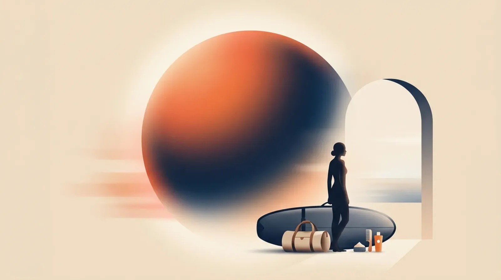 Editorial illustration of a surfboard and travel pack in soft desert light under an ethereal celestial orb.