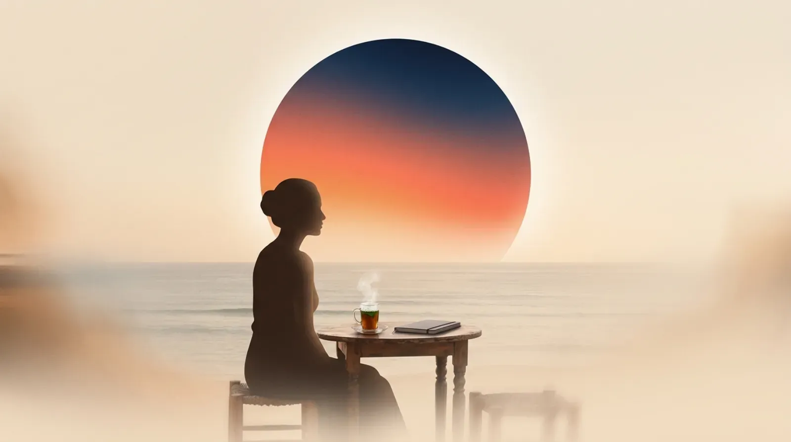 Editorial illustration of a traveller with mint tea on a quiet terrace under a glowing gradient orb.
