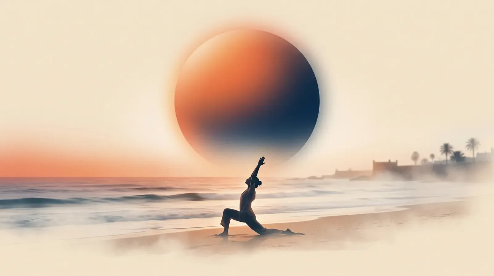 Editorial illustration of a coastal traveller walking the tide line under a warm terracotta and indigo sun orb.