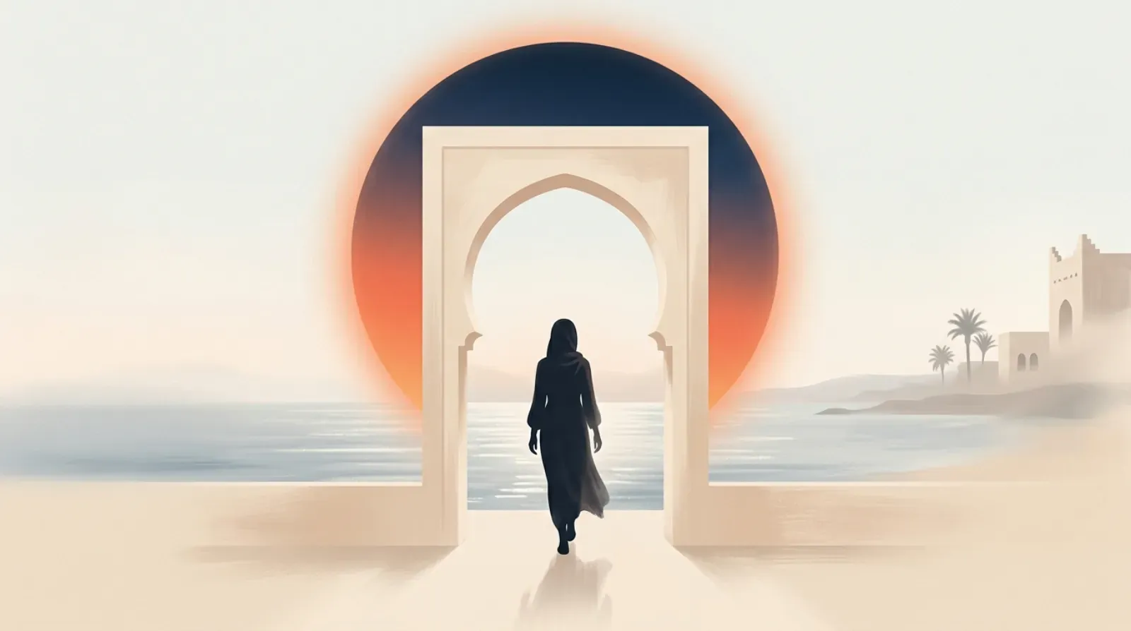 Editorial illustration of Moroccan arched architecture and tea ceremony under a radiant gradient orb.