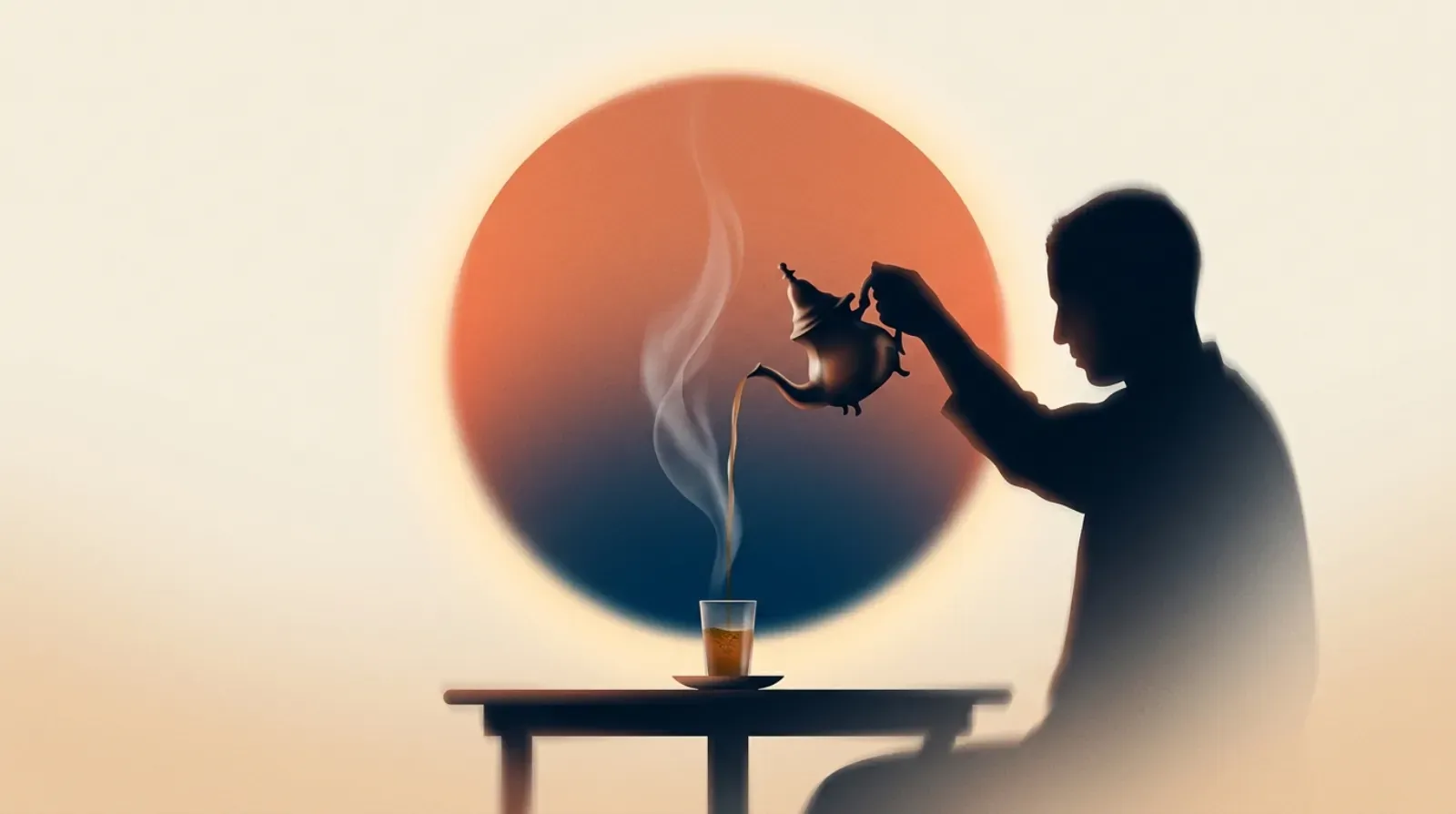 Editorial illustration of a steaming tagine on an oceanfront table under a terracotta and ocean blue orb.