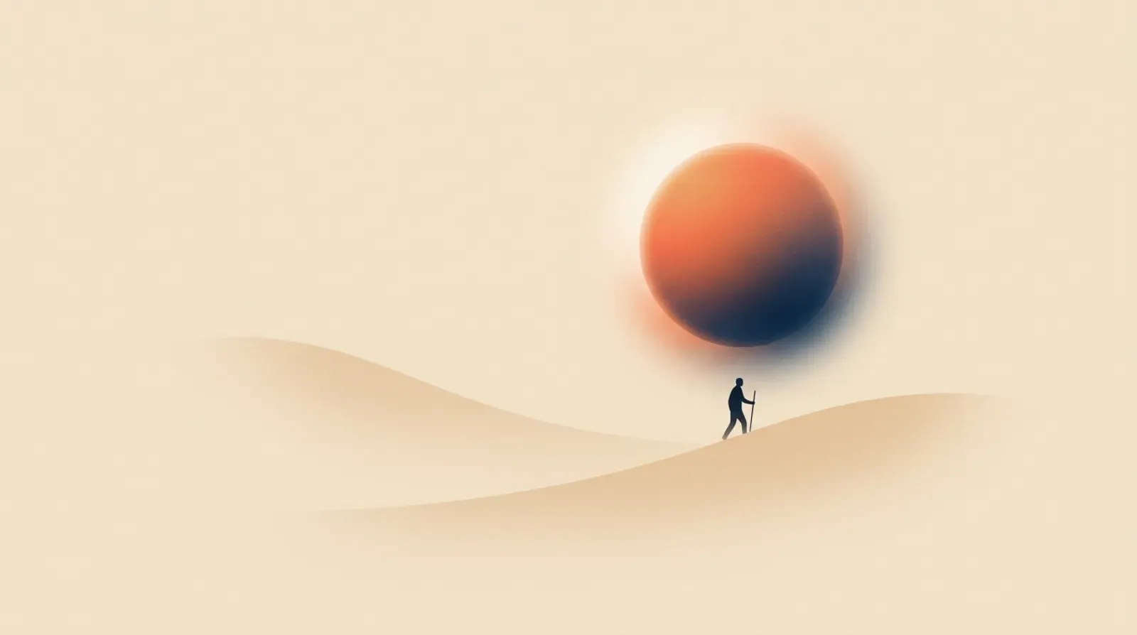 Editorial illustration of rolling sand dunes and desert ridges under a glowing sun orb.