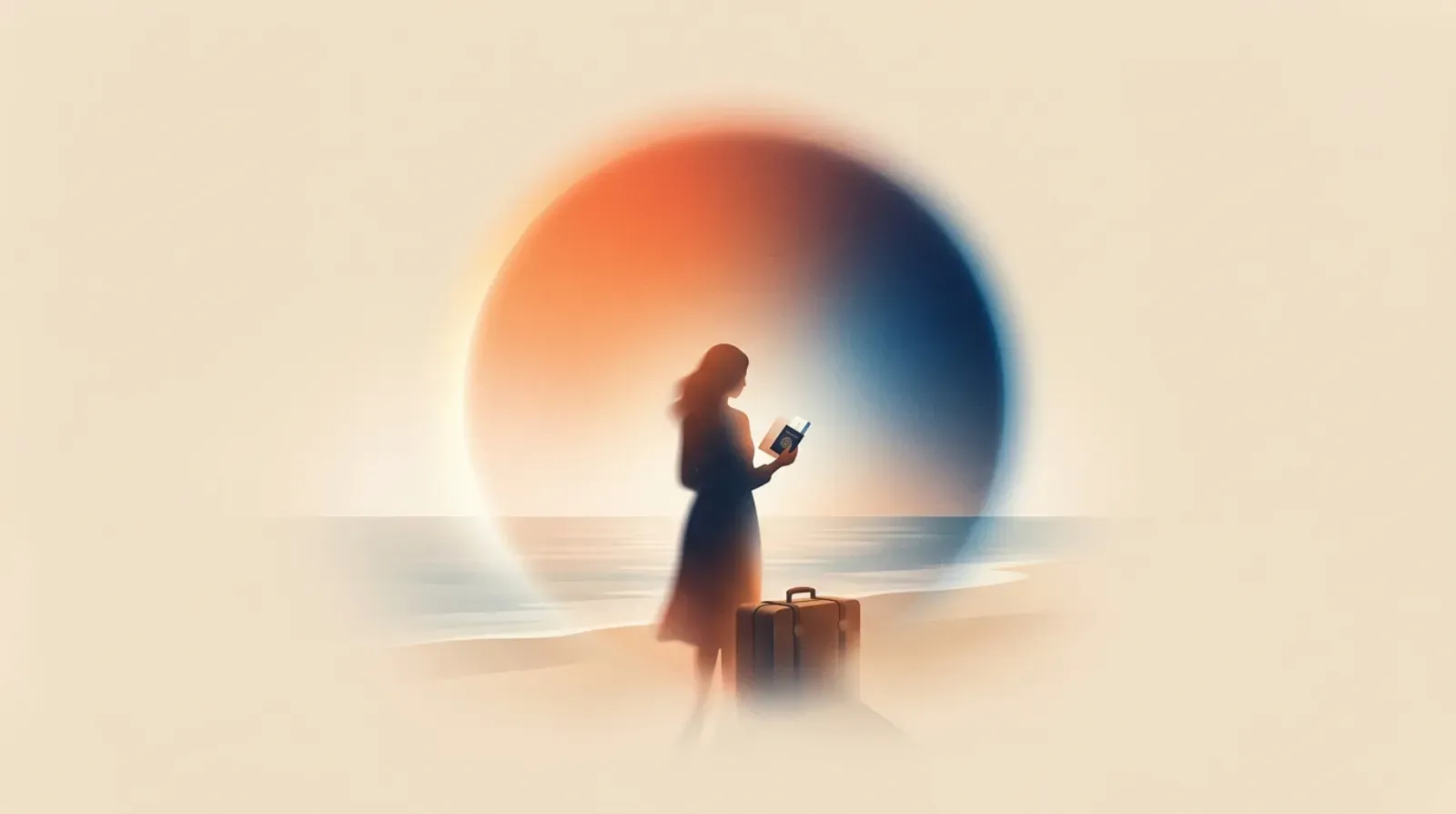 Editorial illustration of a traveller at a quiet coastal border horizon under a radiant sun orb.