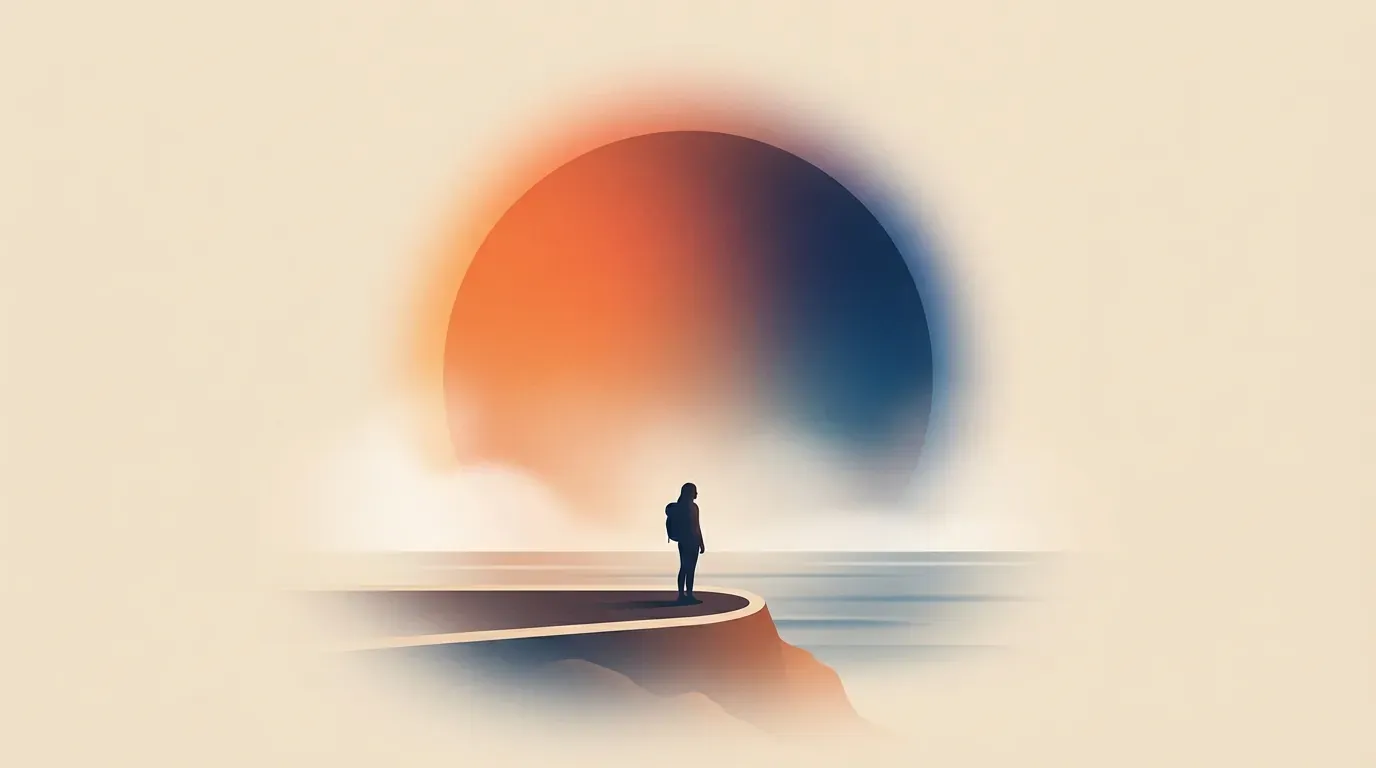 Editorial illustration of a lone traveler with a backpack looking over the peaceful ocean horizon under a glowing halo orb.
