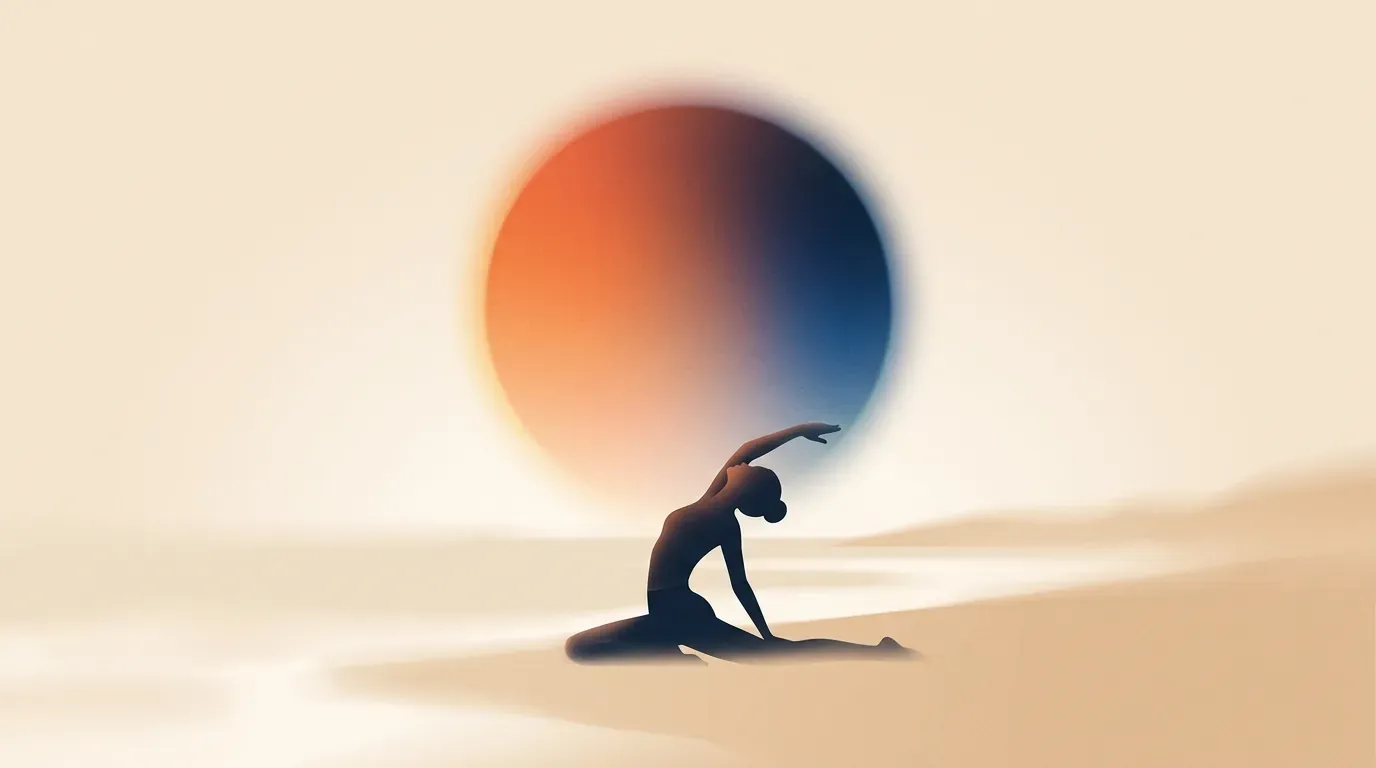 Editorial illustration of a graceful yoga and surf mobility stretch on the shore under a radiant halo orb.