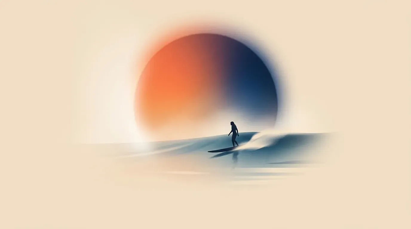 Editorial illustration of a beginner surfer gliding on a gentle peeling wave in Imsouane bay under a glowing sun orb.