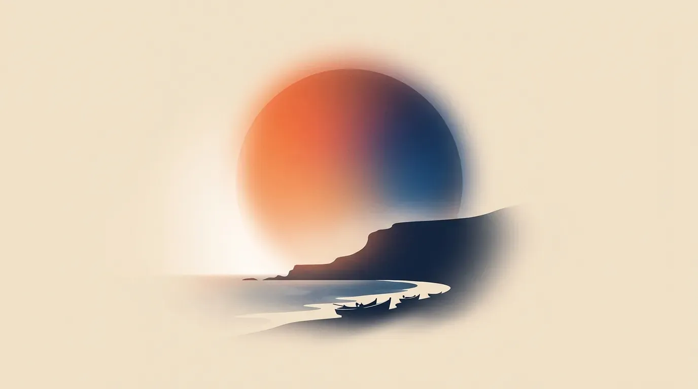 Editorial illustration of curving Imsouane headland cliffs and fishing boats along the shore under a radiant halo orb.
