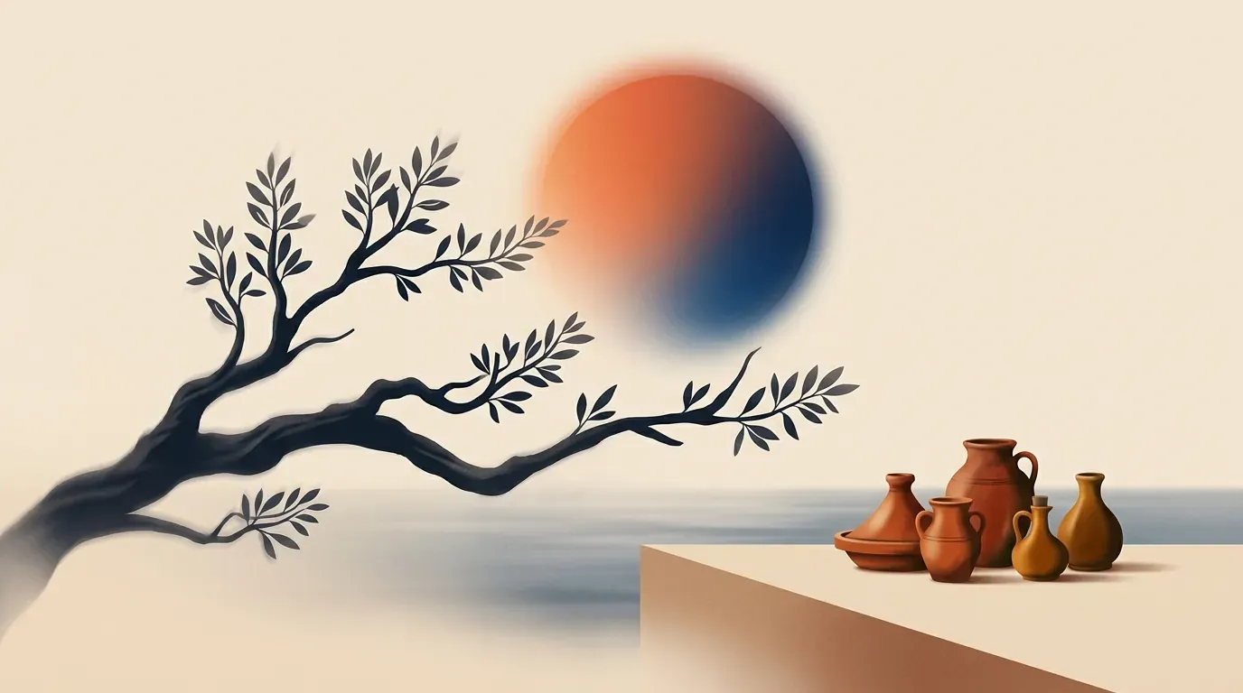 Editorial illustration of a gnarled argan tree branch and clay vessels on a terrace under a glowing halo orb.