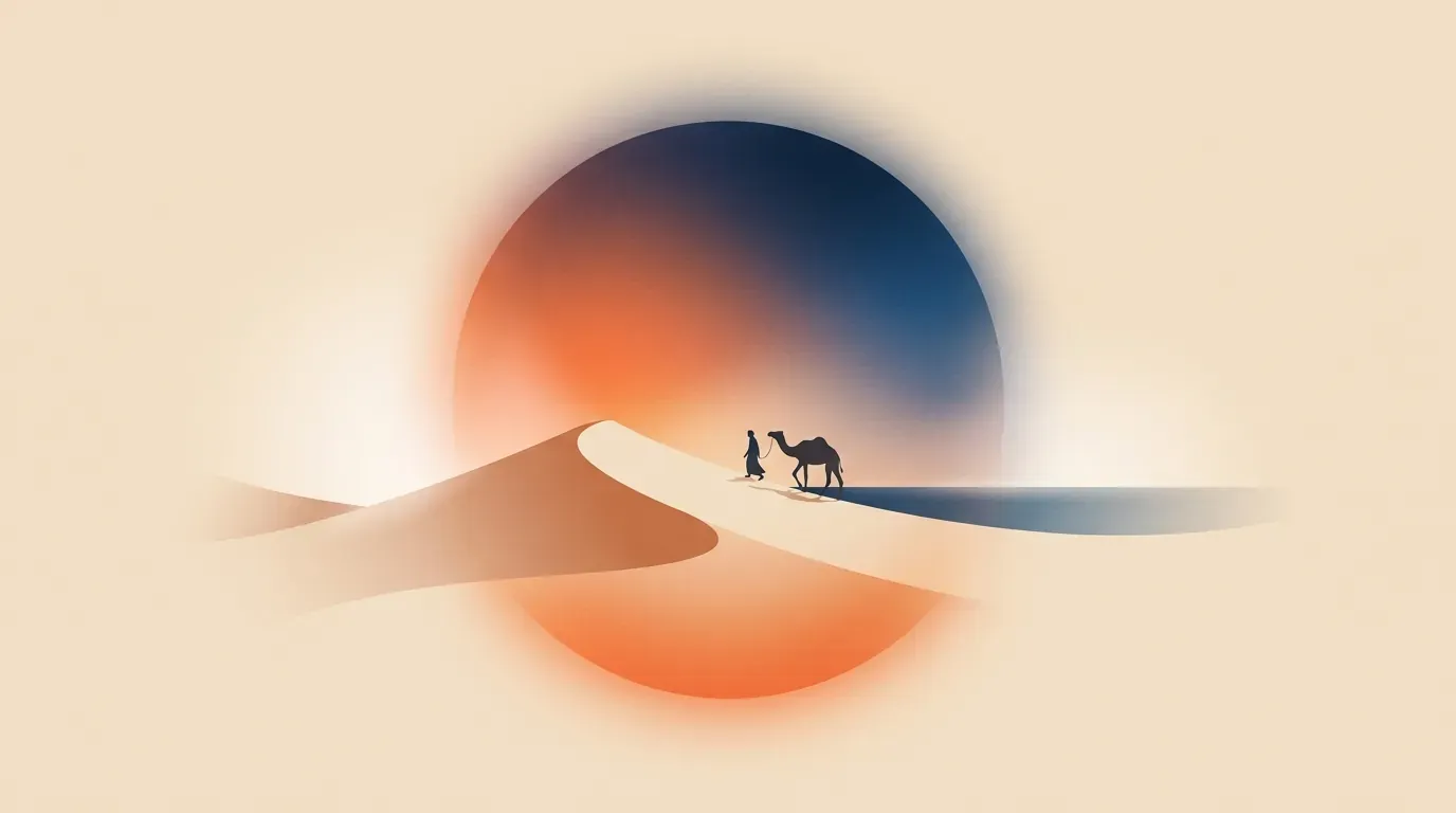 Editorial illustration of sweeping sand dunes with a lone traveler and camel under a radiant celestial orb.