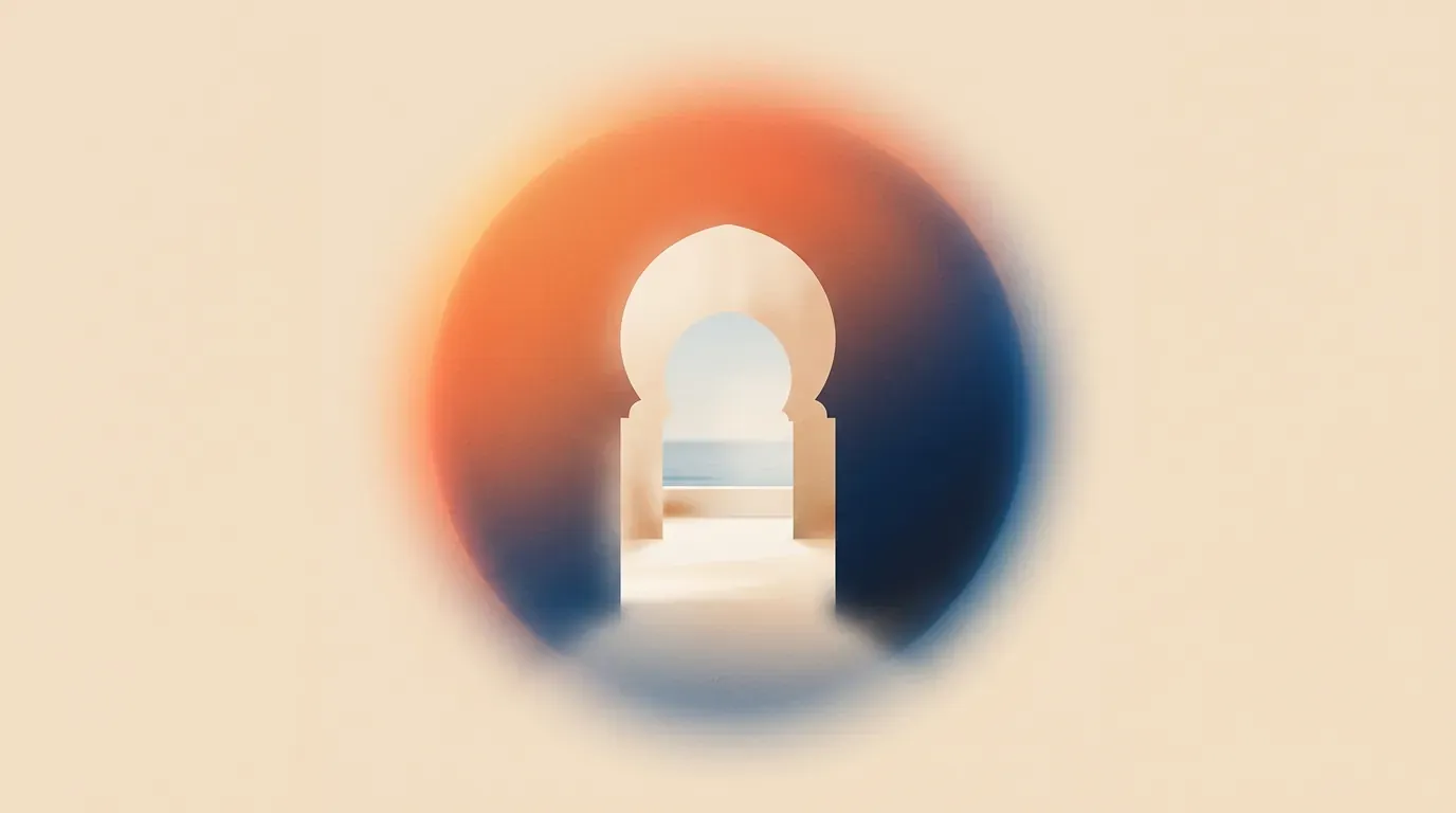 Editorial illustration of an elegant Moorish keyhole archway framing a tranquil sea view under a glowing halo orb.