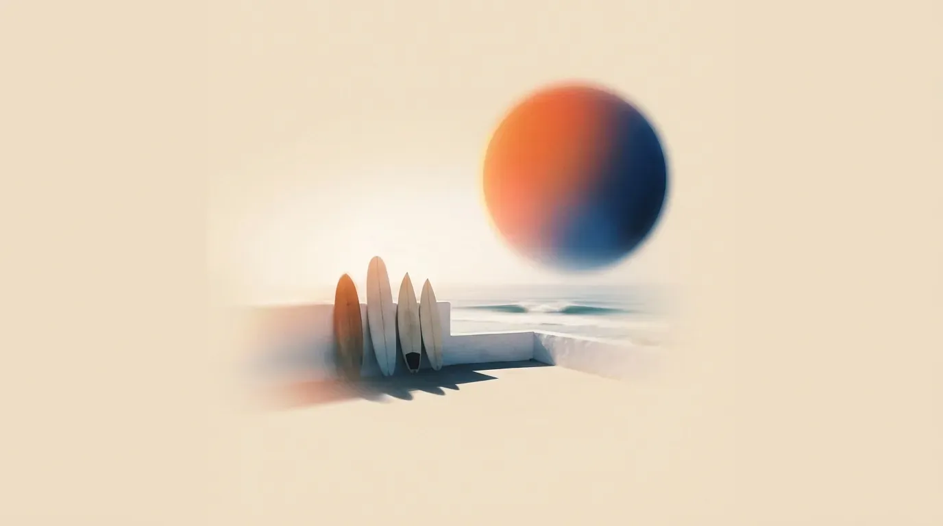 Editorial illustration of a boutique surf house rooftop with surfboards overlooking Atlantic swell under a glowing halo orb.