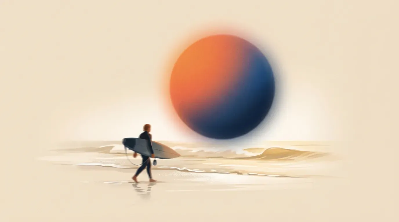 Editorial illustration of a surfer walking along a glistening wet tide line into gentle golden swell under a radiant halo orb.