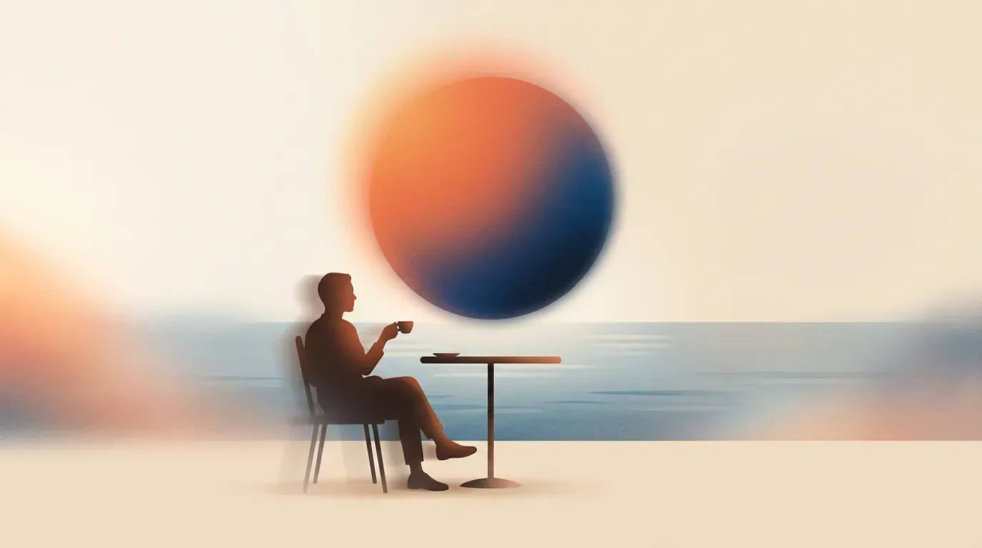 Editorial illustration of a relaxed traveler seated at a terrace cafe table contemplating the ocean under a radiant halo orb.