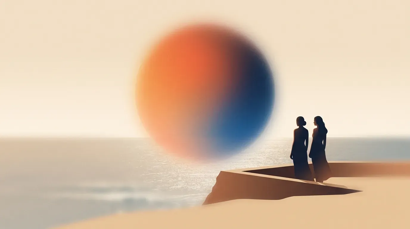Editorial illustration of two female silhouettes on a clifftop terrace looking out together at the sea under a glowing halo orb.
