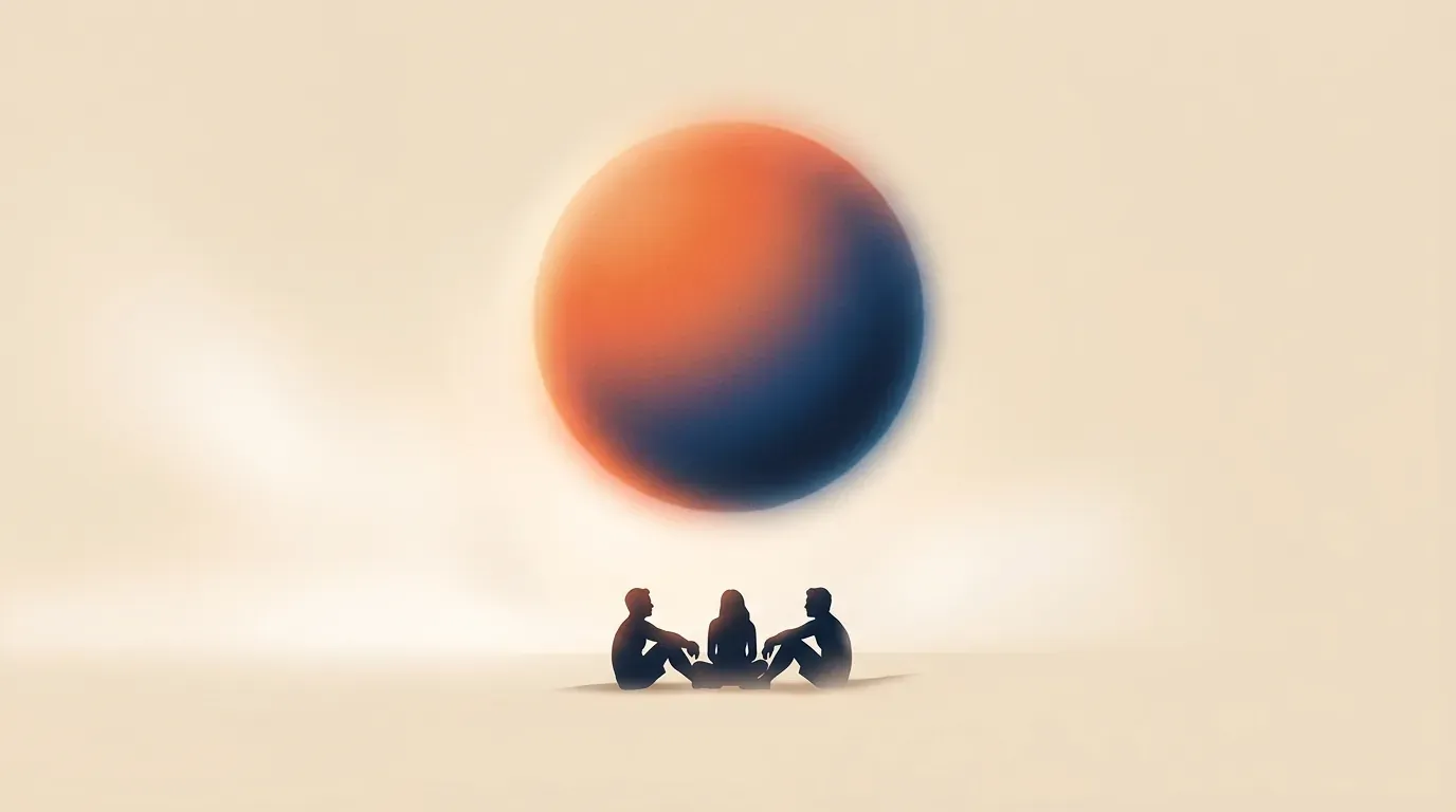 Editorial illustration of friends seated together on a gentle dune ridge above the tide under a radiant celestial orb.