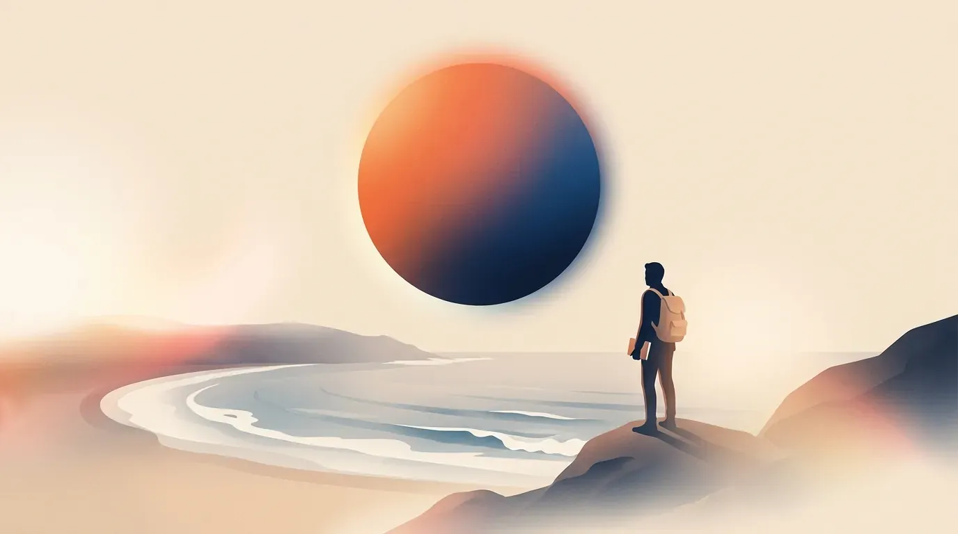 Editorial illustration of a lone traveler with daypack and journal on a coastal viewpoint under a radiant halo orb.