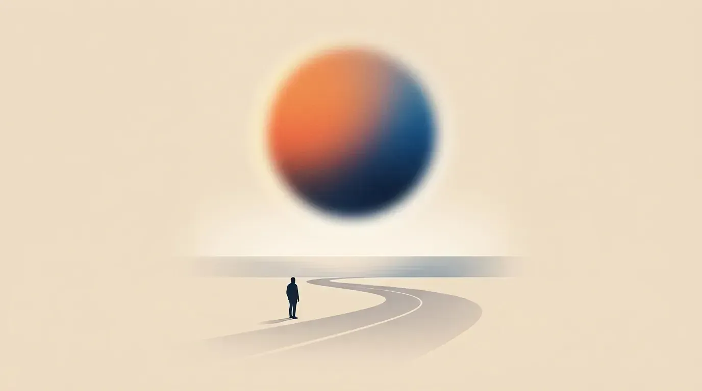 Minimalist editorial illustration of a lone traveler beside a quiet coastal road leading toward the horizon under a soft glowing terracotta-to-indigo halo orb.
