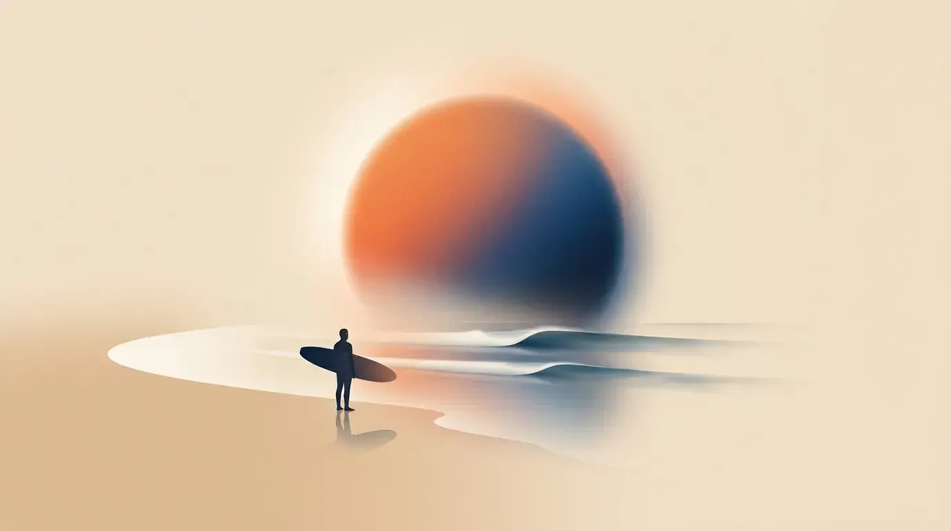 Minimalist editorial illustration of a surfer with a longboard on wet mirror sand watching peeling bay waves under an ultra-soft glowing celestial halo orb.